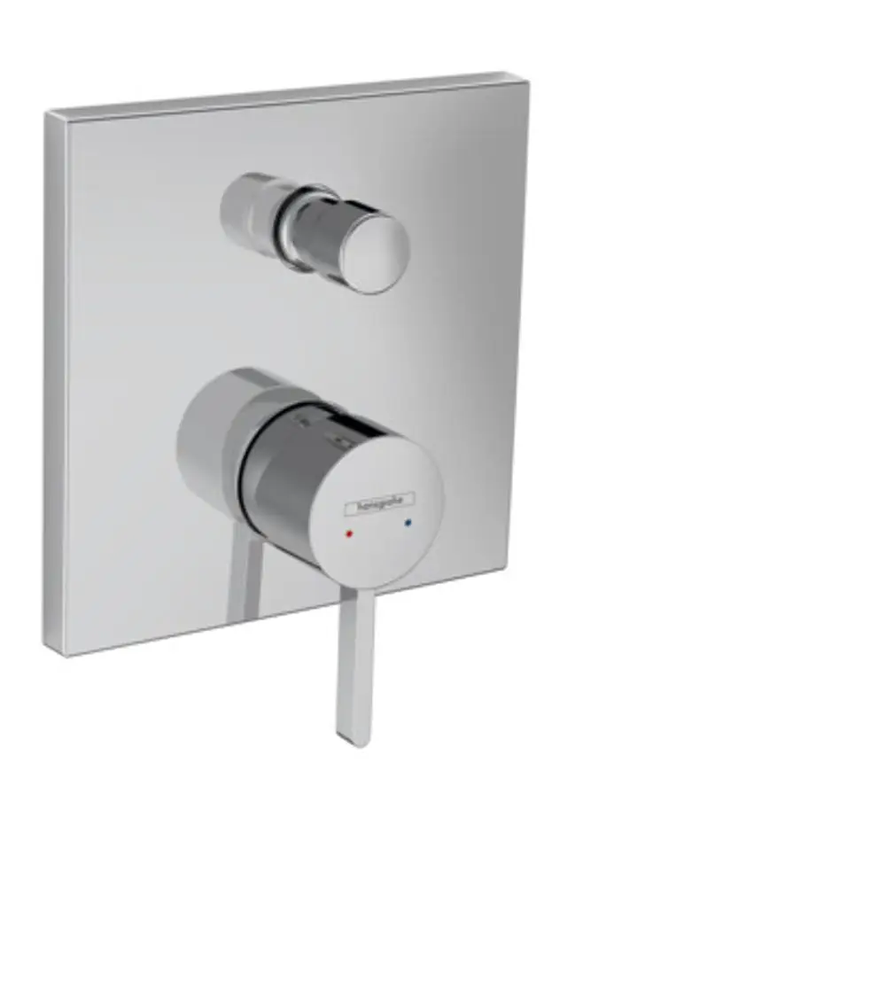Hansgrohe Einhebel-Wannenmischer in Chrom. Der Mischer hat einen runden Bedienknopf mit Temperaturanzeige und einen separaten Hebel für die Wasserregulierung.